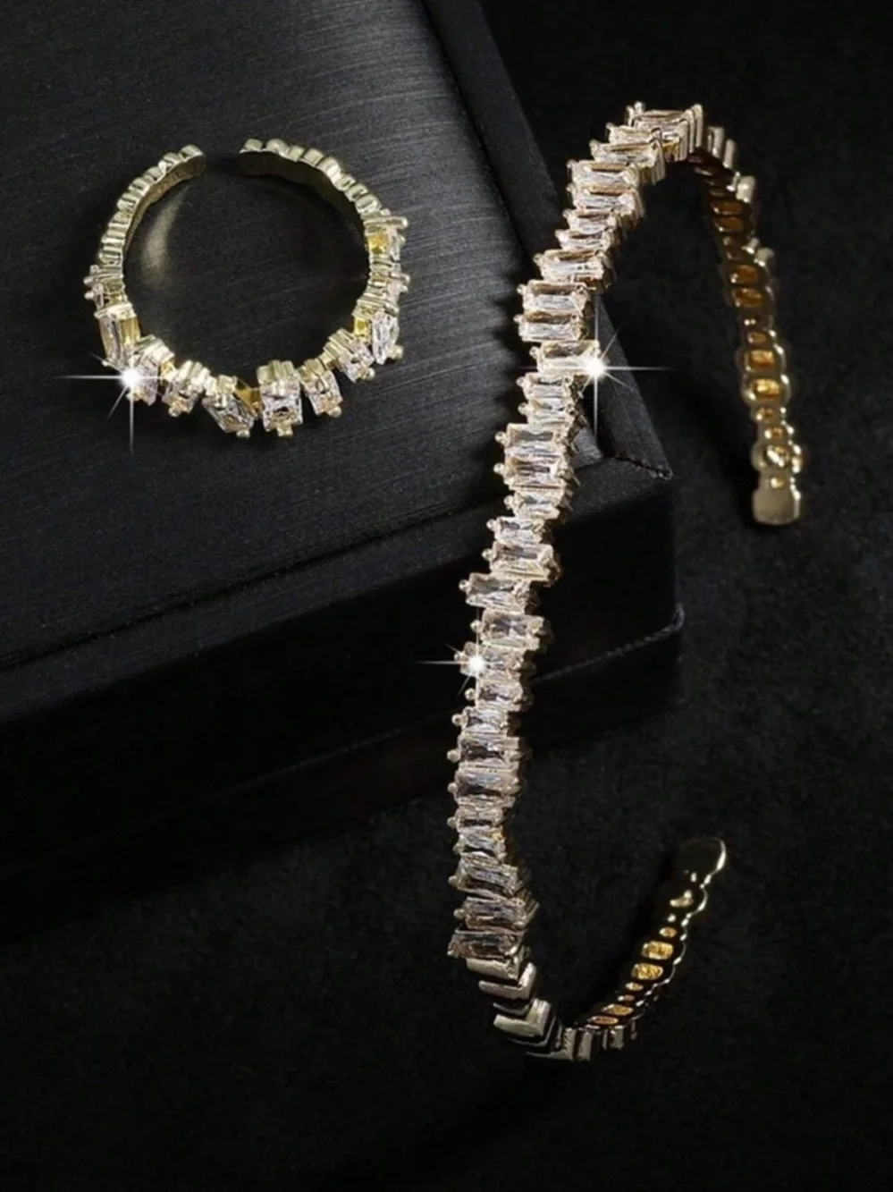 Anthropologie Gold Baguette Crystal Cuff Bracelet and Ring Set